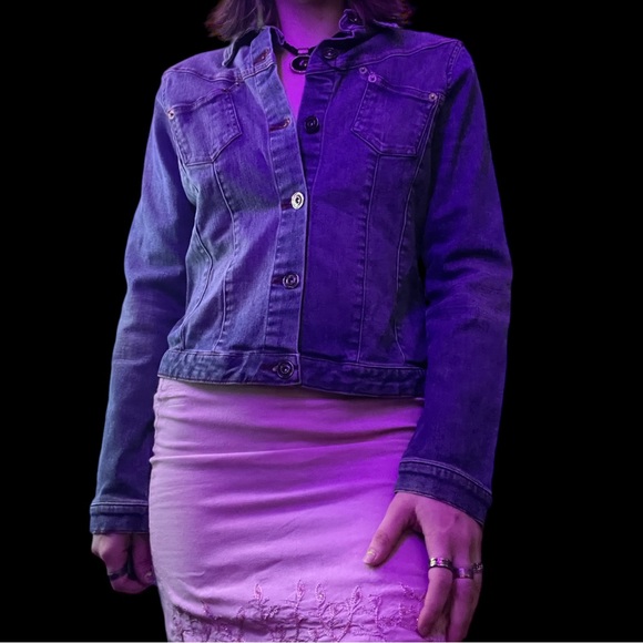 JLO Y2K Denim Jean Jacket w/ Pink Contrast Stitching Large - Picture 3 of 12